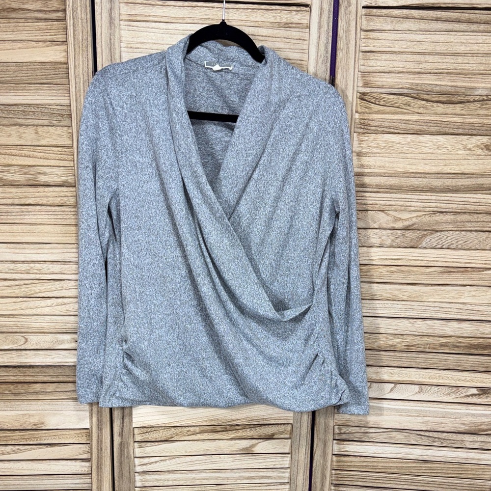 Dleione Blouse Faux Wrap Gray Draped Long Sleeve Top Size M